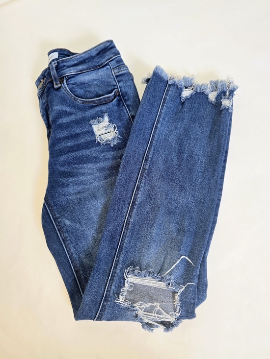 Flying Monkey Denim - Flying Monkey Blue Distressed Skinny Jeans with Frayed Hem & Pockets Womens 27